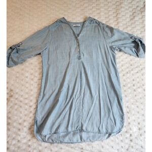 Foxcroft Chambray Tunic Shirt Dress Roll Tab Sleeves‎ V Neck Blue Women's